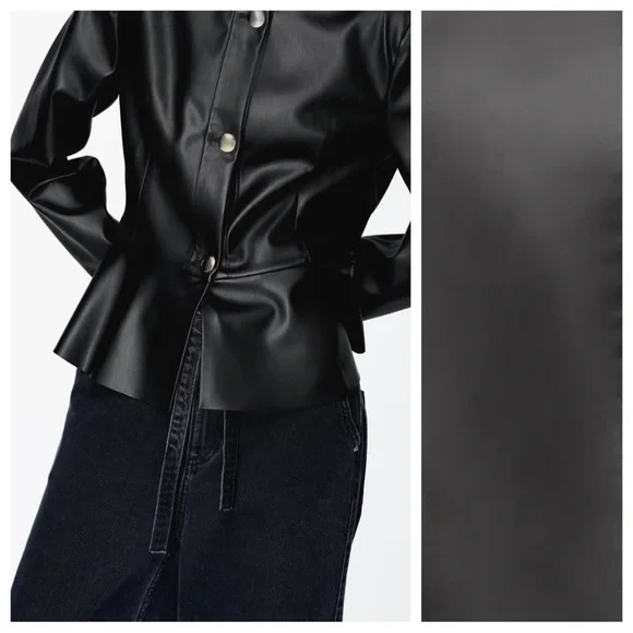 NWT. Zara Black Faux Leather Peplum Blazer/Jacket. Size L, XL. - Picture 3 of 16